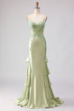 Light Green Mermaid Beaded Corset Ruffle Long Prom Dress with Lace Up Back