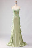 Light Green Mermaid Beaded Corset Ruffled Long Prom Dress with Lace Up Back