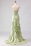 Light Green Mermaid Beaded Corset Ruffled Long Prom Dress with Lace Up Back