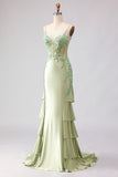 Light Green Mermaid Beaded Corset Ruffled Long Prom Dress with Lace Up Back