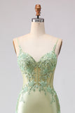 Light Green Mermaid Beaded Corset Ruffle Long Prom Dress with Lace Up Back