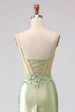 Light Green Mermaid Beaded Corset Ruffled Long Prom Dress with Lace Up Back