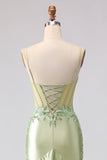 Light Green Mermaid Beaded Corset Ruffle Long Prom Dress with Lace Up Back
