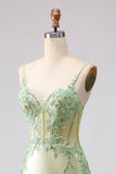 Light Green Mermaid Beaded Corset Ruffle Long Prom Dress with Lace Up Back