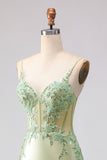Light Green Mermaid Beaded Corset Ruffled Long Prom Dress with Lace Up Back