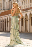 Light Green Mermaid Beaded Corset Ruffle Long Prom Dress with Lace Up Back