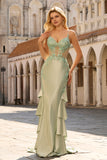 Light Green Mermaid Beaded Corset Ruffle Long Prom Dress with Lace Up Back