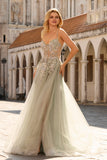 Sparkly A-Line Beaded Corset Peach Sequin Long Tulle Prom Dress with Slit