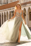 Sparkly A-Line Beaded Corset Peach Sequin Long Tulle Prom Dress with Slit