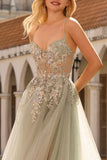 Sparkly A-Line Beaded Corset Peach Sequin Long Tulle Prom Dress with Slit