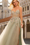 Sparkly A-Line Beaded Corset Peach Sequin Long Tulle Prom Dress with Slit