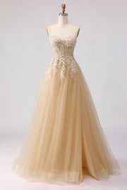 Sparkly A-Line Beaded Embroidered Peach Long Tulle Prom Dress with Slit