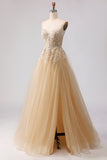 Sparkly A-Line Beaded Embroidered Peach Long Tulle Prom Dress with Slit