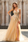 Sparkly A-Line Beaded Corset Peach Sequin Long Tulle Prom Dress with Slit