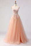 Sparkly A-Line Beaded Embroidered Peach Long Tulle Prom Dress with Slit