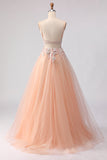 Sparkly A-Line Beaded Embroidered Peach Long Tulle Prom Dress with Slit