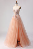 Sparkly A-Line Beaded Embroidered Peach Long Tulle Prom Dress with Slit