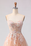 Sparkly A-Line Beaded Embroidered Peach Long Tulle Prom Dress with Slit