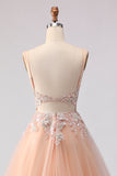 Sparkly A-Line Beaded Embroidered Peach Long Tulle Prom Dress with Slit