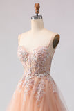 Sparkly A-Line Beaded Embroidered Peach Long Tulle Prom Dress with Slit