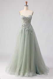 Sage Green A-Line Beaded Tulle Long Prom Dress with Embroidery