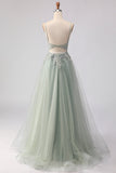Sage Green A-Line Beaded Tulle Long Prom Dress with Embroidery