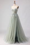 Sage Green A-Line Embroidered Corset Long Tulle Prom Dress with Slit