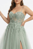 Sage Green A-Line Embroidered Corset Long Tulle Prom Dress with Slit