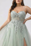 Sage Green A-Line Embroidered Corset Long Tulle Prom Dress with Slit