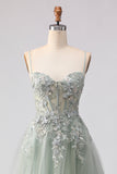 Sage Green A-Line Beaded Tulle Long Prom Dress with Embroidery