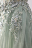 Sage Green A-Line Beaded Tulle Long Prom Dress with Embroidery