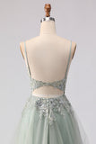 Sage Green A-Line Beaded Tulle Long Prom Dress with Embroidery