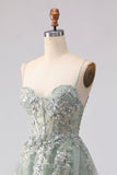 Sage Green A-Line Beaded Tulle Long Prom Dress with Embroidery