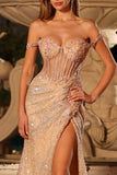 Sparkly Peach Mermaid Sequins Off the Shoulder Corset Long Prom Dress with Slit