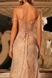 Sparkly Peach Mermaid Sequins Off the Shoulder Corset Long Prom Dress with Slit