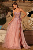 Pink A Line Beaded Spaghetti Straps Long Prom Dress with Slit