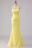 Yellow Strapless Mermaid Satin Maxi Dress