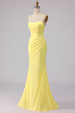 Yellow Strapless Mermaid Satin Maxi Dress