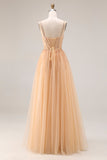 Sparkly Peach A-Line Long Tulle Prom Dress with Lace Up Back
