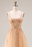 Sparkly Peach A-Line Long Tulle Prom Dress with Lace Up Back