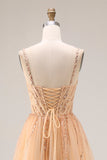 Sparkly Peach A-Line Long Tulle Prom Dress with Lace Up Back