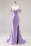 Off The Shoulder Light Purple Mermaid Ruched Satin Beaded Long Prom Dress with Slit