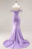 Off The Shoulder Light Purple Mermaid Ruched Satin Beaded Long Prom Dress with Slit
