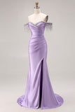 Off The Shoulder Light Purple Mermaid Ruched Satin Beaded Long Prom Dress with Slit