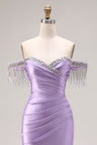 Off The Shoulder Light Purple Mermaid Ruched Satin Beaded Long Prom Dress with Slit