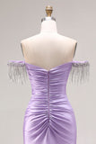 Off The Shoulder Light Purple Mermaid Ruched Satin Beaded Long Prom Dress with Slit