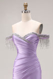 Off The Shoulder Light Purple Mermaid Ruched Satin Beaded Long Prom Dress with Slit