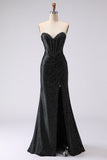 Black Mermaid Sweetheart Beaded Corset Long Prom Dress with Slit