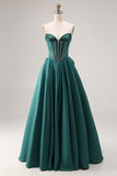 Dark Green A-Line Satin Sweetheart Corset Beaded Long Porm Dress with Bow