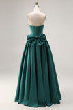 Dark Green A-Line Satin Sweetheart Corset Beaded Long Porm Dress with Bow
